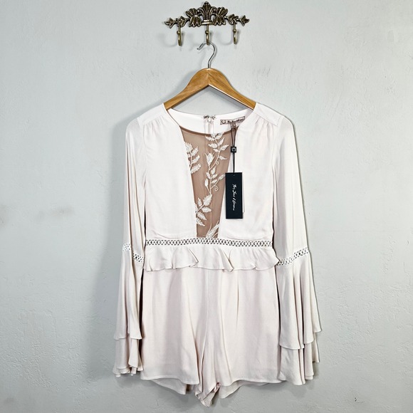 For Love And Lemons Pants - For Love & Lemons Emelia Romper‎ Blush Pink Bell Sleeve Size Small NEW w/Flaws